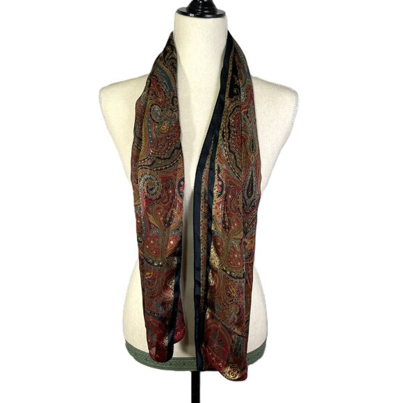 Echo Silk Scarf Paisley Oblong Rectangle 54"x11" Maroon Red Blue Taupe Black - Picture 4 of 10